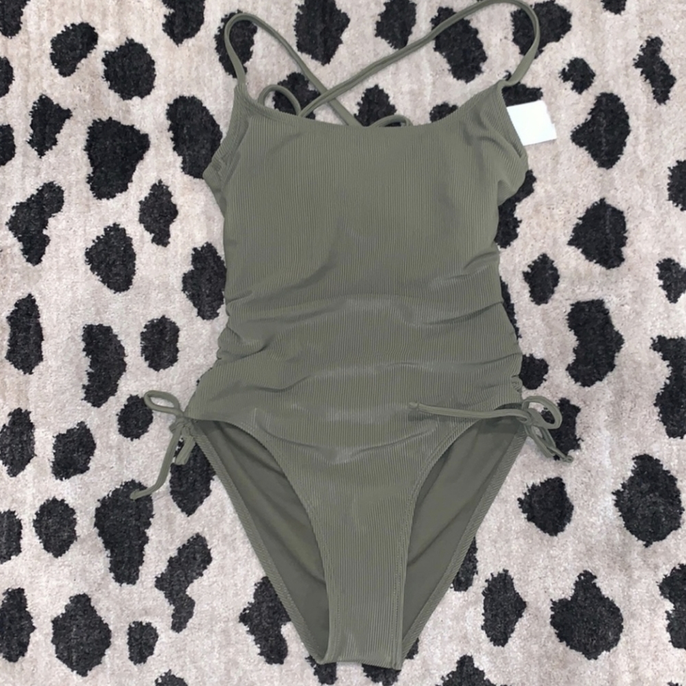 One piece, olive green, ribbed, side tied, swimsuit junior size small